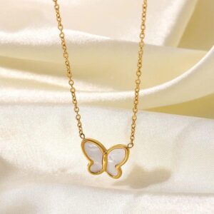 Bahr Small White Butterfly Necklace Stainless Gold