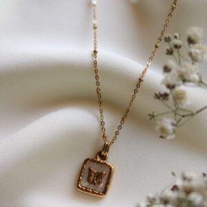 Bahr White Butterfly Necklace Stainless Gold