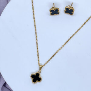 Bahr Van Cleef Style Clover Pendant Necklace & Matching Clover Stud Earrings Set Black