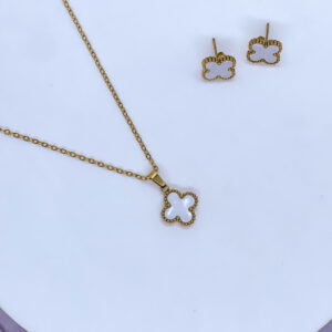 Bahr Van Cleef Style Clover Pendant Necklace & Matching Clover Stud Earrings Set White