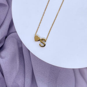 Bahr Stainless Steel Letter Necklace – S Letter with 3D Heart Pendant – Gold