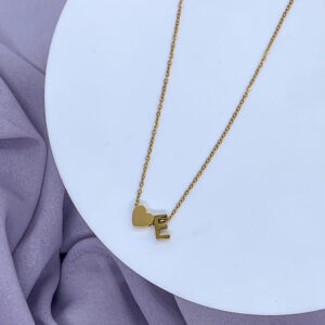 Bahr Stainless Steel Letter Necklace – E Letter with 3D Heart Pendant – Gold