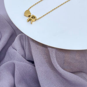 Bahr Stainless Steel Letter Necklace – R Letter with 3D Heart Pendant – Gold