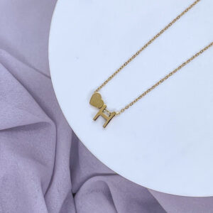 Bahr Stainless Steel Letter Necklace – H Letter with 3D Heart Pendant – Gold
